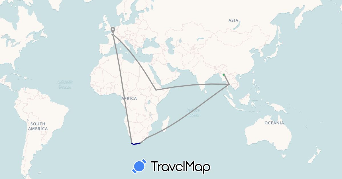 TravelMap itinerary: driving, bus, plane in Ethiopia, France, Myanmar (Burma), Thailand, South Africa (Africa, Asia, Europe)