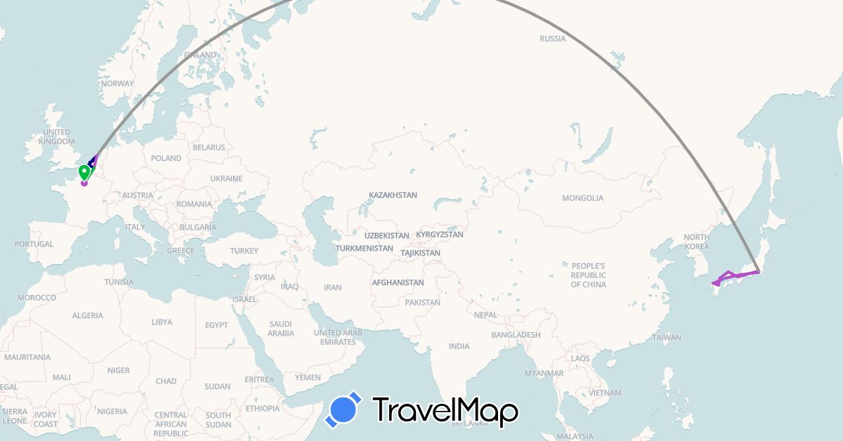 TravelMap itinerary: driving, bus, plane, train, boat in Belgium, France, Japan, Netherlands (Asia, Europe)