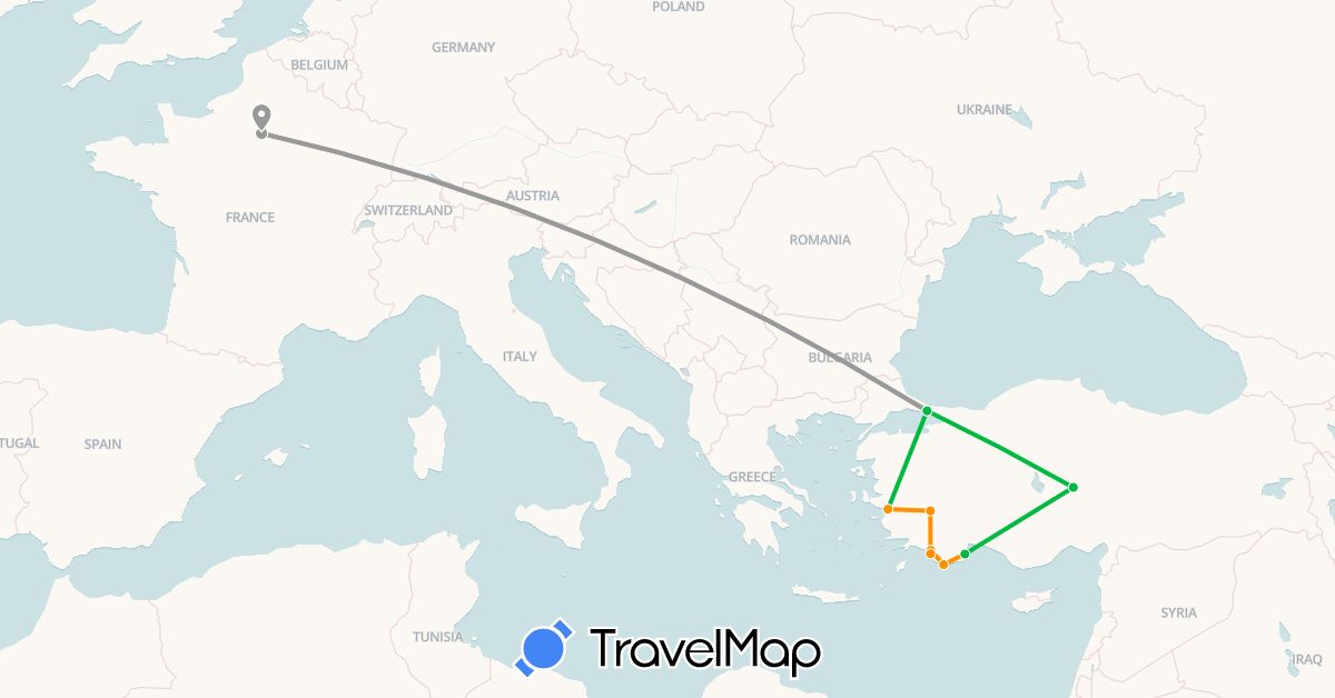 TravelMap itinerary: driving, bus, plane, hitchhiking in France, Turkey (Asia, Europe)
